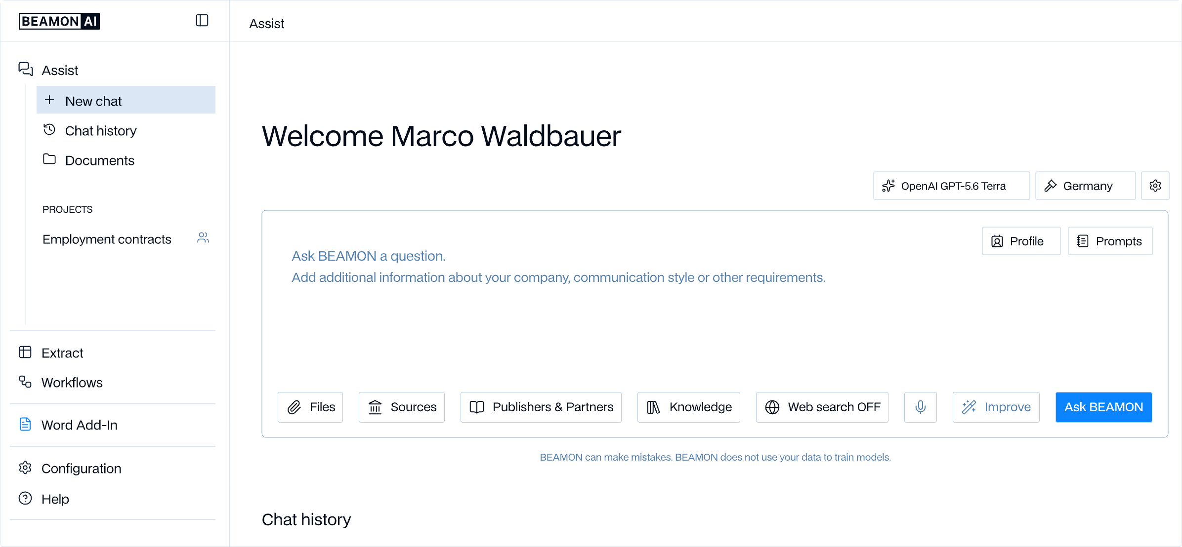 The BEAMON AI Assist workspace: a new chat with the model picker, sources and the Word add-on