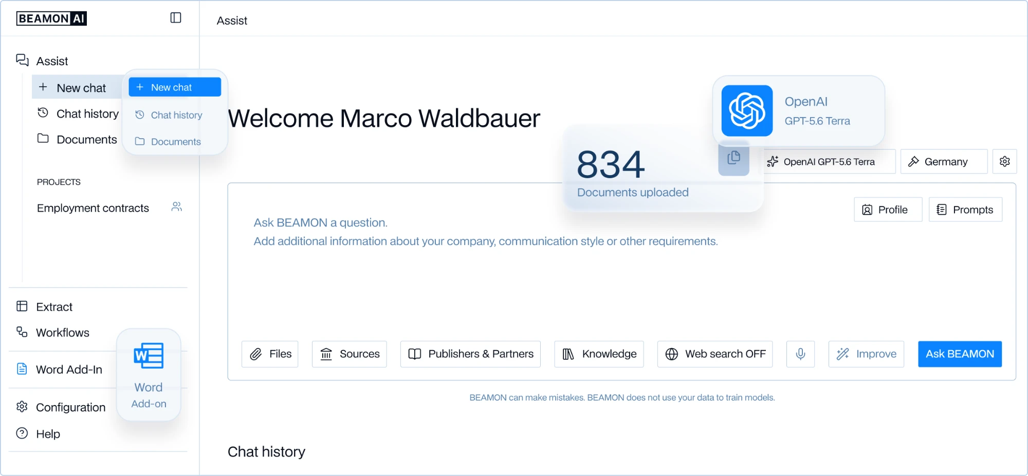 BEAMON Assist: Chat-Arbeitsbereich mit Modell- und Jurisdiktionsauswahl, Wissensquellen und Projekten