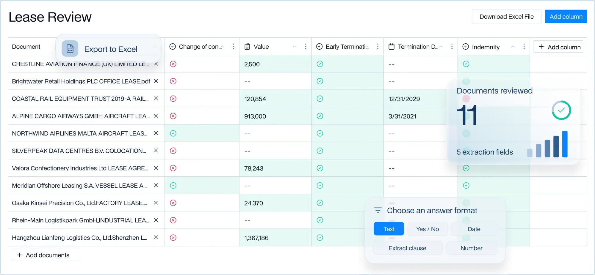 BEAMON Extract: a lease review table with fields extracted from eleven documents