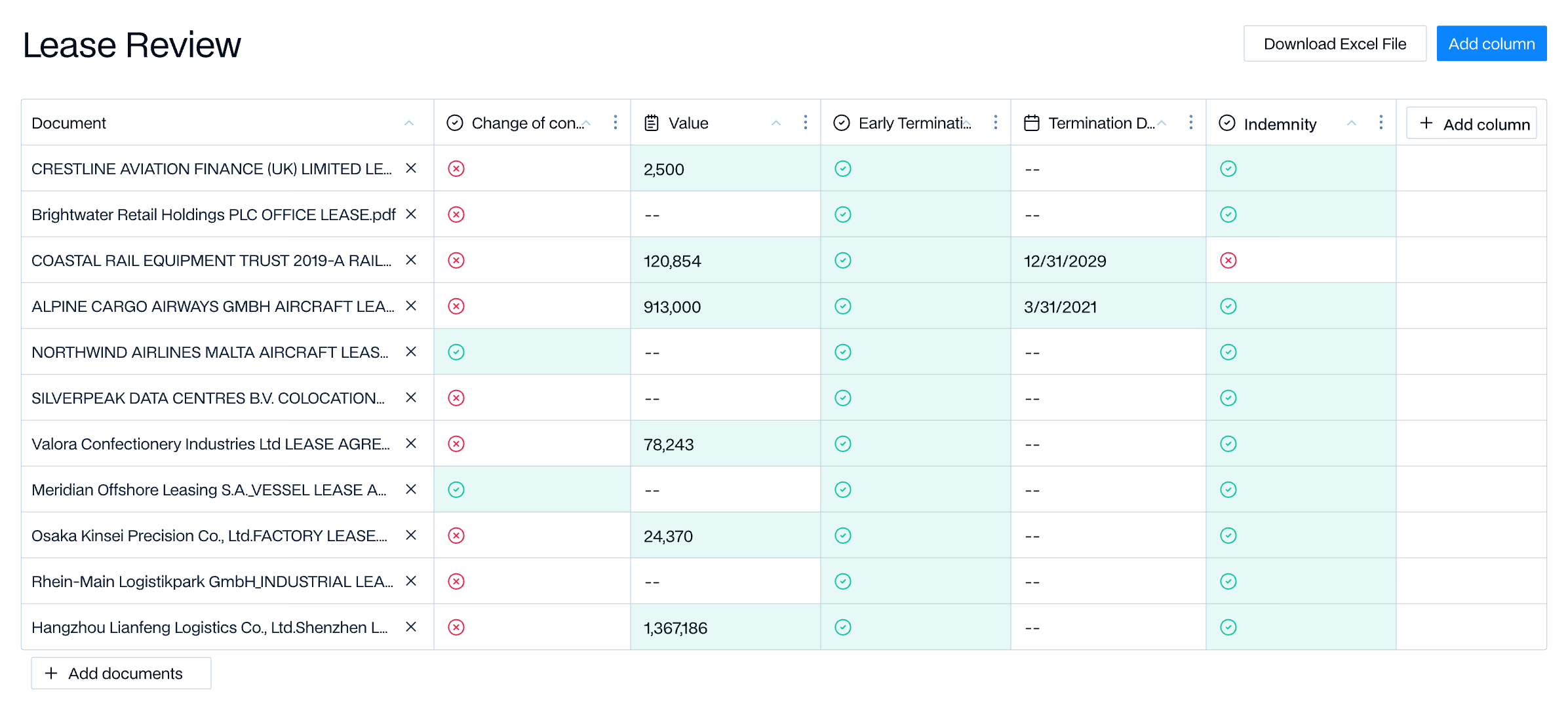 BEAMON Extract: a lease review table with fields extracted from eleven documents