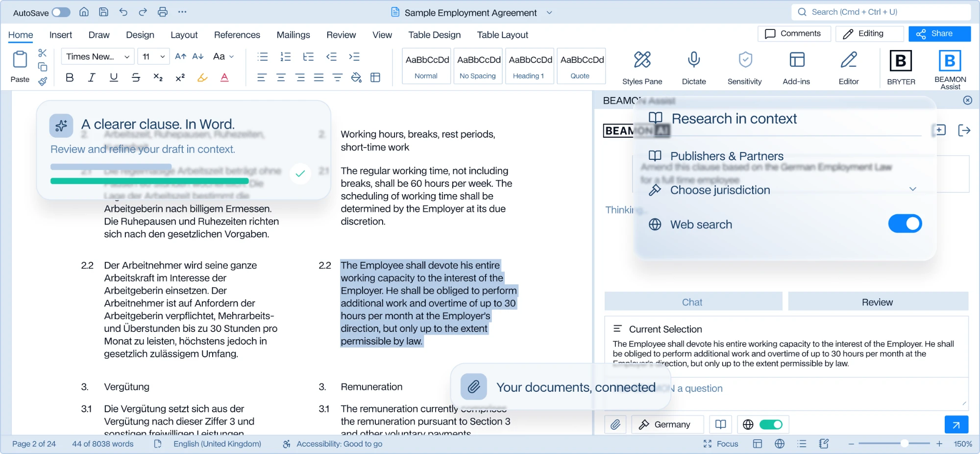 BEAMON Assist in Microsoft Word: the side panel reviewing a selected clause of a bilingual employment agreement