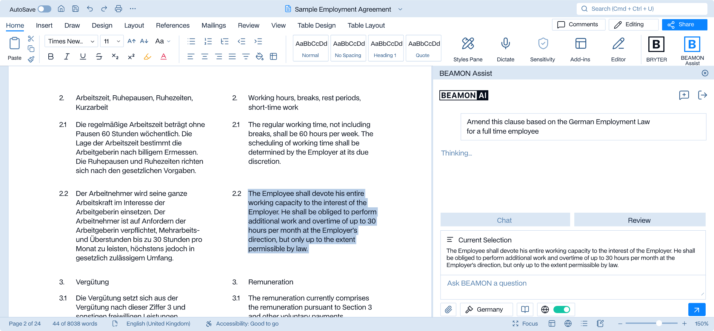 BEAMON Assist in the Word add-in: an employment contract clause revised right in Word